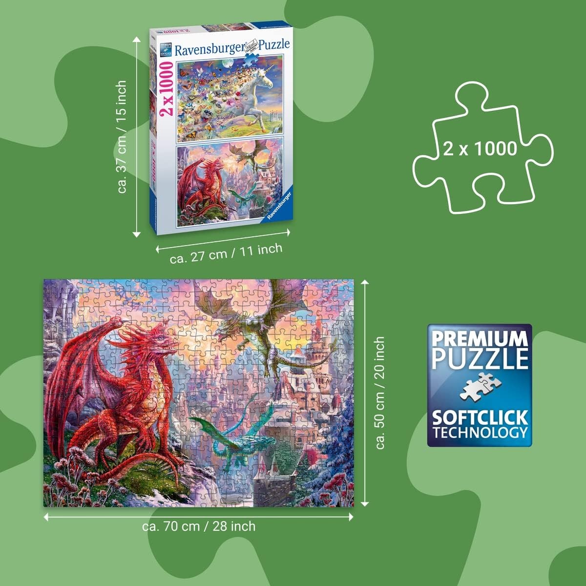 image:imageRavensburger Puzzle 12000339 Einhorn und Drachen 2X 1000 Teile Puzzle fr Erwachsene und Kinder ab 14 Jahrenltere Version
